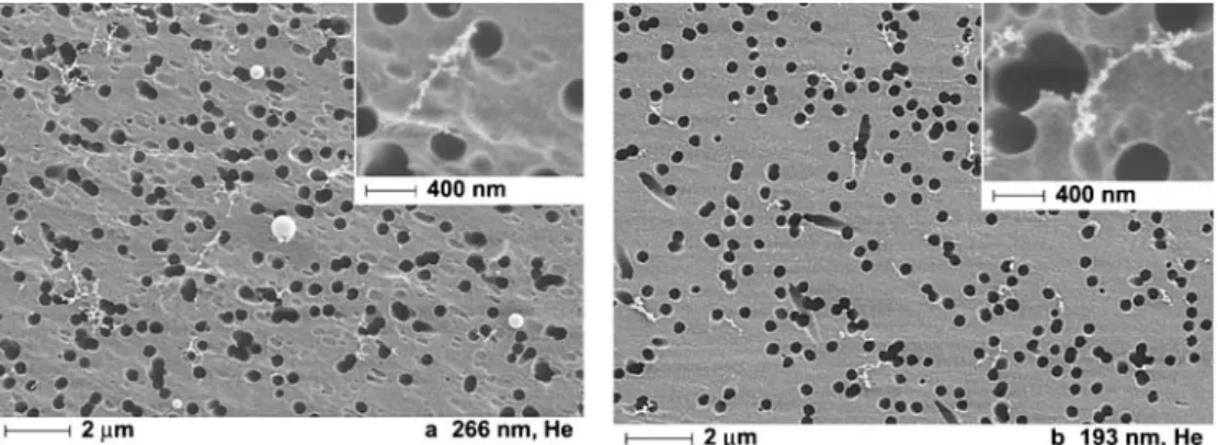 Figure 1b shows that the large, spherical aerosol par- par-ticles generated at 266 nm have a smooth, unstructured surface