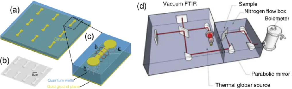 Fig. 5 a shows a schematic of the sample with an array of identical resonators. The cavities are deposited on top of the quantum wells, with a gold ground plane below