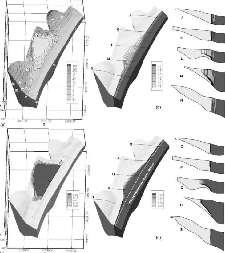 Fig. 9 2004 ensemble averages for the joint uncertainty on pumping rates and hydraulic conductivity: a head (m), b relative concentration [−]