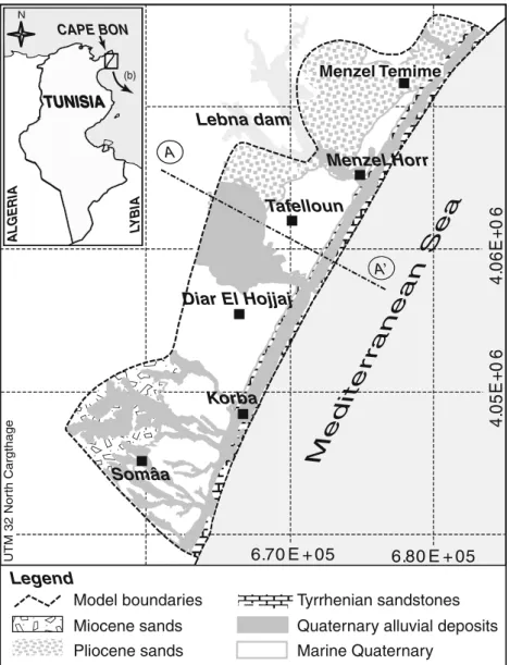 Fig. 1 Location map of Cape Bon, north-eastern Tunisia, and the Korba aquifer with the geological setting (AA ’ cross-section is shown in Fig