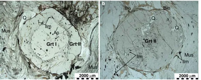 Fig. 2 Photo micrographs of garnet porphyroblasts from selected samples from the Wölz Complex; a garnet porphyroblast with two distinct growth zones, Grt I is of Permian age, Grt II is of Cretaceous