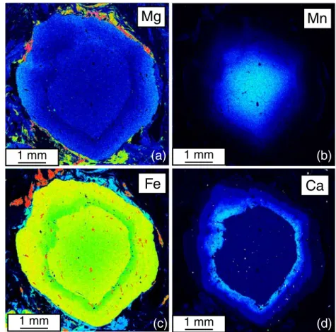 Fig. 4 Element distribution maps from a central section through the largest garnet  por-phyroblast from sample C04; the garnet core (Grt I) has  sub-idiomorphic shape and shows a relatively uniform distribution of the MgO and CaO  concentra-tions, composit