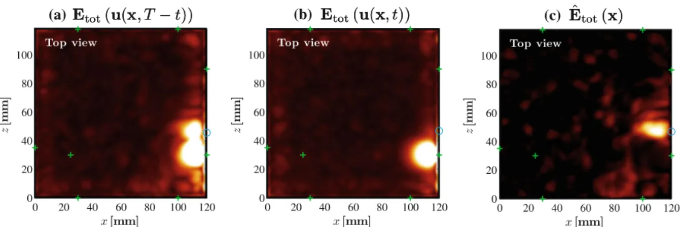 Fig. 7 Specimen cross-sections at y = 135 mm illustrating the maximum total energy densities: (a) E tot ( u ( x , T − t )) , (b) E tot ( u ( x , t )) and (c) Eˆ tot ( u ( x , t )) = E tot E tot( u (u(x,t))(x,T−t )) 