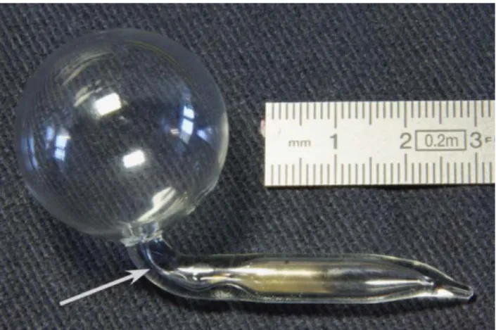 Fig. 1 Paraffin-coated Cs vapor cell. The small amount of the solid alkali metal is well visible in the sidearm