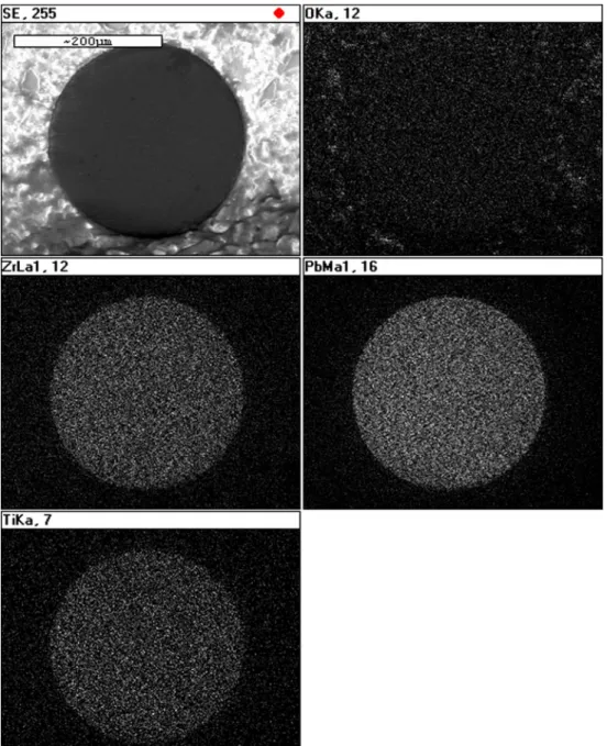 Fig. 2 Profile mapping using EDX; a secondary electron image, b O, c Zr, d Pb and e Ti elemental maps of fibre