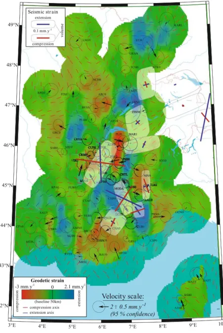 Fig. 6 Geodetic versus seismic strain quantification. In order to be interpretable, quantifications are converted into mm/y considering typical baselines of 50 km