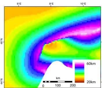 Fig. 7 Map of Alpine crustal thickness calculated from the Moho depth (Waldhauser et al