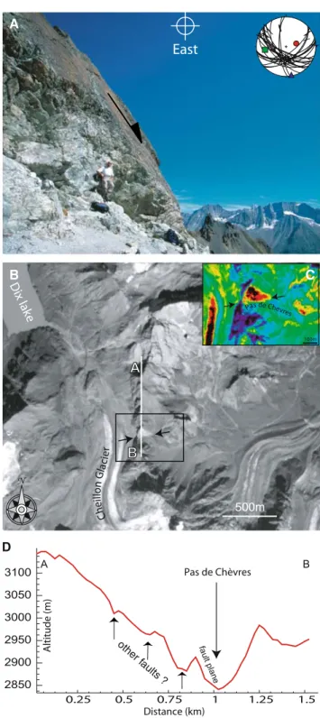 Fig. 10 Example of a several hundred meters long extensional fault scarp in the Southern Valais (‘‘Pas de Che`vre’’ fault)
