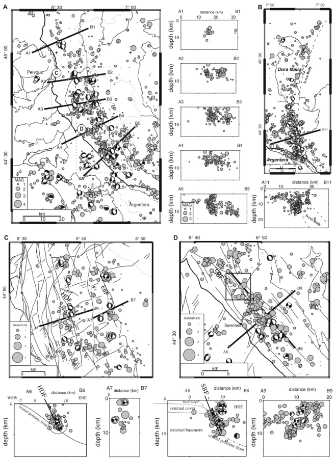 Fig. 3 Seismotectonic maps and cross-sections in the Southwestern Alps, across the Brianc¸onnais and Piedmont seismic arcs (see Fig