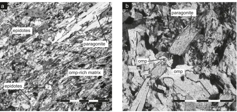 Fig. 2.  a) Photomicrograph showing paragonites that are aligned within the fabric that is defined by omphacite