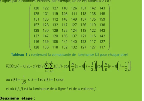 Tableau 1 : contenant la composante de  luminance (L) pour chaque pixel