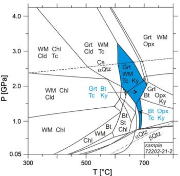 Fig. 10 Equilibrium phase diagram of high-pressure quartz vein sample HPV2 from Dabie Shan; asterisk indicates metamorphic P–T conditions of the vein (cf