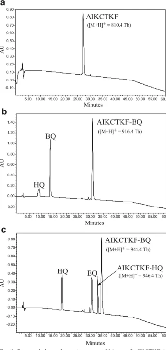 Fig. 1 Reversed-phase chromatograms at 214 nm of AIKCTKF (a), AIKCTKF modified with 1,4-BQ (b), and 2,5-diMe-1,4-BQ (c)