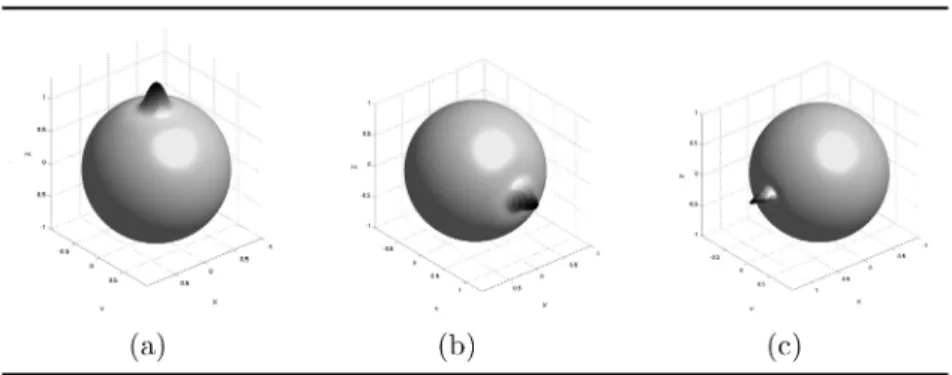 FIGURE 2 The spherical wavelet ψ G (α) wavelet, for α = 1.25: (a) Original (a = 0.125); (b) Rotated; (c) Rotated and scaled (a = 0.0625).