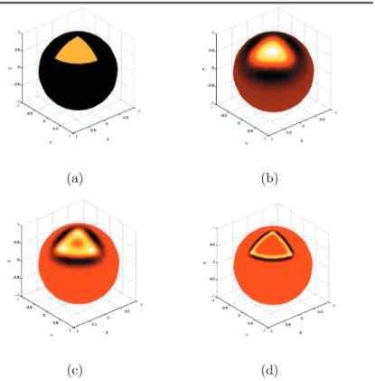 FIGURE 3 Spherical wavelet transform of the characteristic function of a triangle, obtained with the spherical DOG wavelet ψ G (α) , for α = 1.25