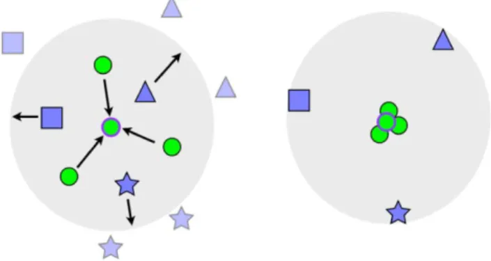 Fig. 5 An illustration of how ANMM works. For each sample, within a neighborhood (marked in gray), samples of the same class are pulled towards it, while samples of a different class are pushed away, as shown in the left