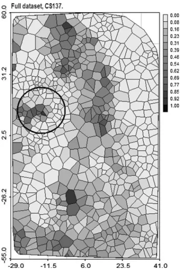 Fig. 11 Post-plot of the full dataset of Cs137 activity visualized using Voronoi polygons
