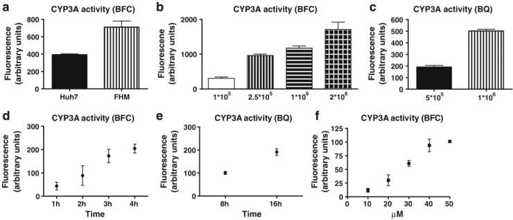 Fig. 3 Basic CYP3A activity in FHM cells. a Basic CYP3A enzyme activity in FHM cells and Huh7 cells was measured in 96 well plates.