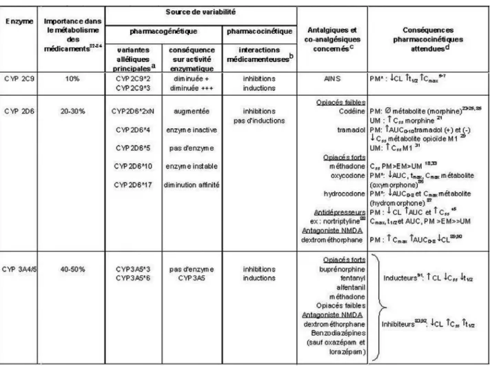 TABLEAU  Sources de variabilité pharmacogénétique et pharmacocinétique des cytochromes importants dans le métabolisme des analgé- analgé-siques et conséquences pharmacocinétiques.