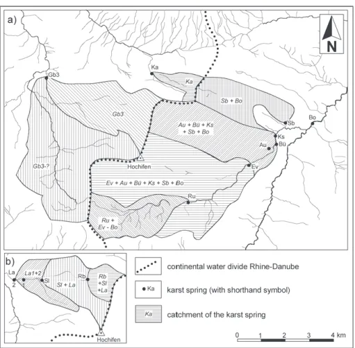 Fig. 16. a) Catchments of important springs in the Hochifen-Gottesacker area delineated by means of tracer tests and analysis of the fold structures;