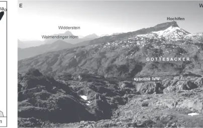 Fig. 2. The test site from the north. The karstified Schrattenkalk limestone forms the entire land surface of the Gottesacker and the summit of Mt.