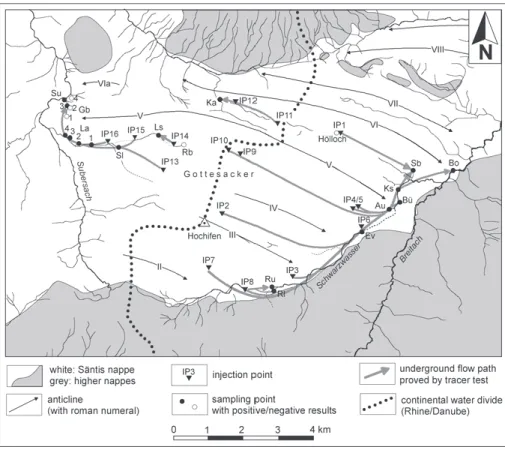 Fig. 7. Fold structures and flow paths confirmed by tracer tests in the Hochifen-Gottesacker area.