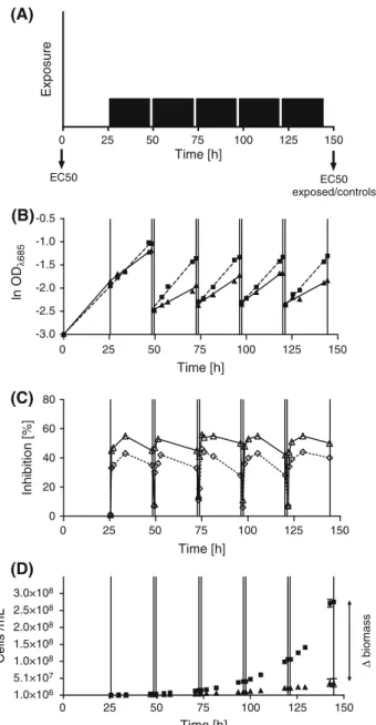 Fig. 2 Long pulses at low isoproturon concentrations with a short recovery time. (a) Experimental design for the sequential exposure to 22.5-h pulses (bars in a and solid lines in b–d)