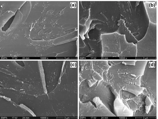 Fig. 8 SEM images of fractured surfaces of cured composites containing: a 0.2 wt% CNT, no DA; b 0.2 wt% CNT, 1 wt% DA;