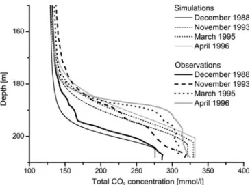 Fig. 10 Simulated and observed CO 2 proﬁles in the lowest 60 m of the water column