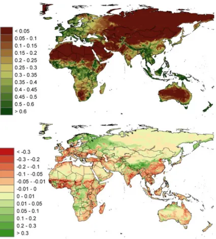 Fig. 2 Upper map: Modeled suitability for agriculture under the A2a scenario of climate change for the year 2050
