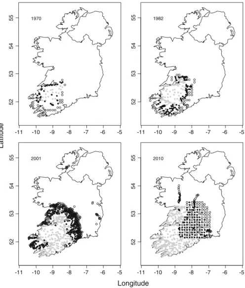 Fig. 1 Bank vole distribution in Ireland during the 1969/1970, 1982, 2001 and 2010 surveys.