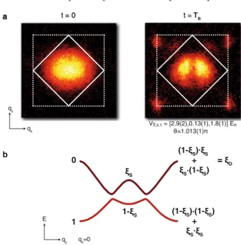 Fig. 2. Probing the Dirac points. a) Absorption images of the quasi-momentum dis- dis-tribution of the atomic cloud after preparation ( t = 0) and after performing one Bloch oscillation cycle ( t ≈ T B )