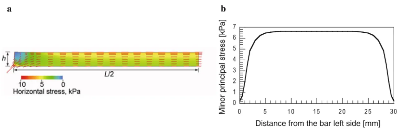 Fig. 4 Plane strain simulation of constrained desiccation tests. a Minor (tensile) principal stress field (half bar), onset of cracking: the lines stand for the orientation of the principal stresses (the length of the line is proportional to the stress abs