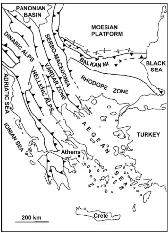 Fig. 1 Sketch map of major tectonic elements in southeastern Europe and the northeastern Mediterranean region (from Burchﬁel 1980; Dinter et al