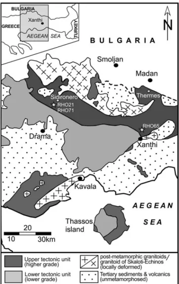 Fig. 2 Schematic map of West and Central Rhodope showing the main tectonic units (based on Mposkos 1989)