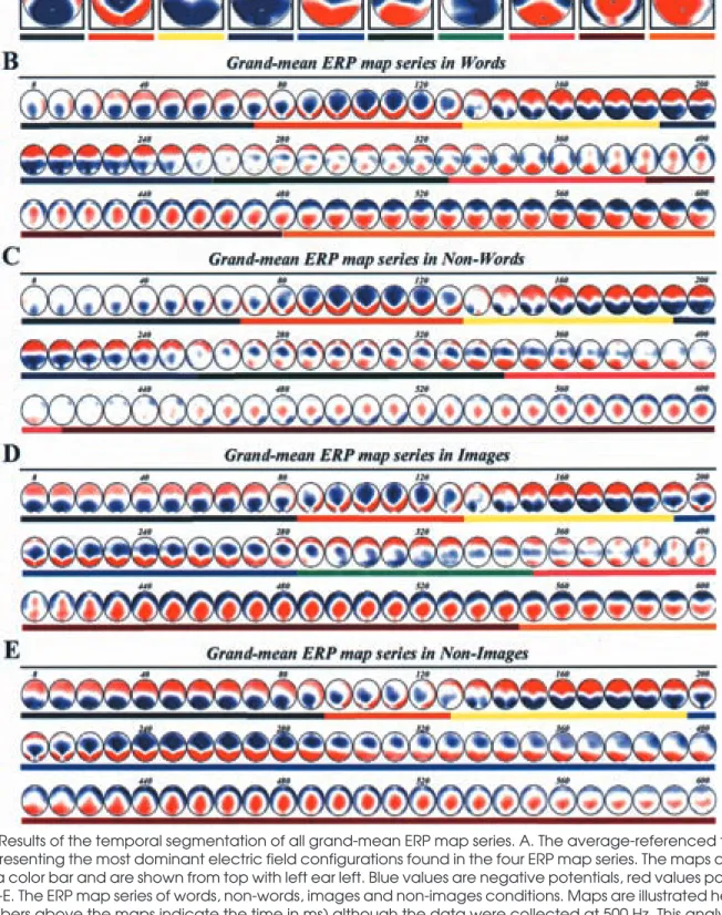 Figure 2. Results of the temporal segmentation of all grand-mean ERP map series. A. The average-referenced template maps representing the most dominant electric field configurations found in the four ERP map series