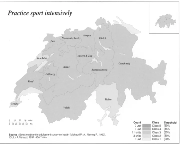 Figure  3  M a p   displaying  the  repartition  of various  rates  of  adolescents  engaging  in  regular  sports  activity,  in the  14 selected  regions 