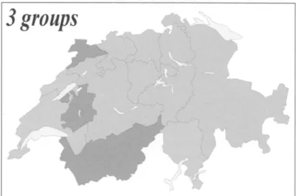 Figure 5  Cluster analyses:  map showing the aggregation of those regions which  display the most similar degree of overall rates  (hierarchical classification for three, four  and five aggregated regions} 