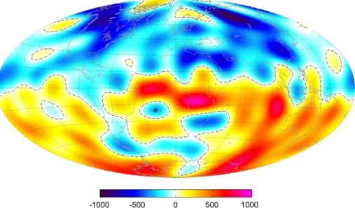 Fig. 5 Map of the radial magnetic field at the core surface from the CHAOS-2s geomagnetic model (trun- (trun-cated at spherical harmonic degree 13), epoch 2005.0