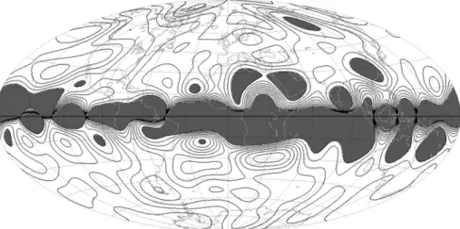 Fig. 1 Non-geostrophic region shown in dark grey at the core surface in 2005.0, defined by E G ≥ 10 − 1 or | ζ | = | B r /cos θ | ≥ 10 −3 T, see (20), as calculated from the CHAOS-2s (Olsen et al