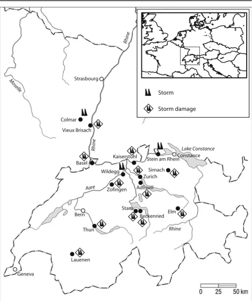 Fig. 3 Location of observations on “Hilaire–Prisca” in Alsace and in Switzerland