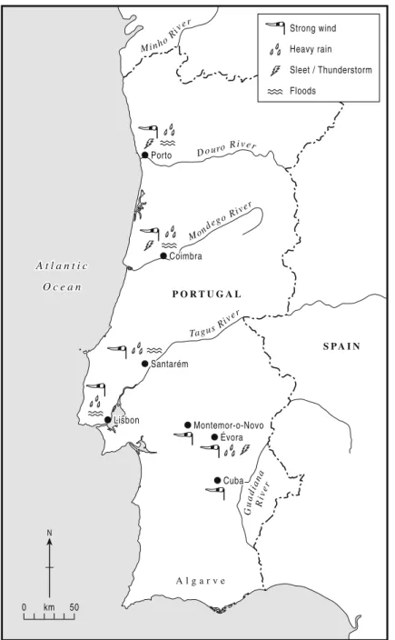 Fig. 5 Map of Portugal representing the observations during “Barbara” (adapted from Taborda 2006)