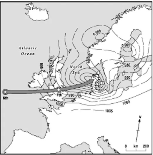 Fig. 1 Synoptic summary of “The Great Storm” of December 1703 in England (after Lamb and Frydendahl 1991)