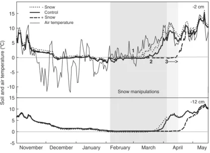 Fig. 2 Soil mean daily temperature at 2 and 12 cm depth, and mean daily air temperature (50 cm above the peat surface), throughout the experimental period