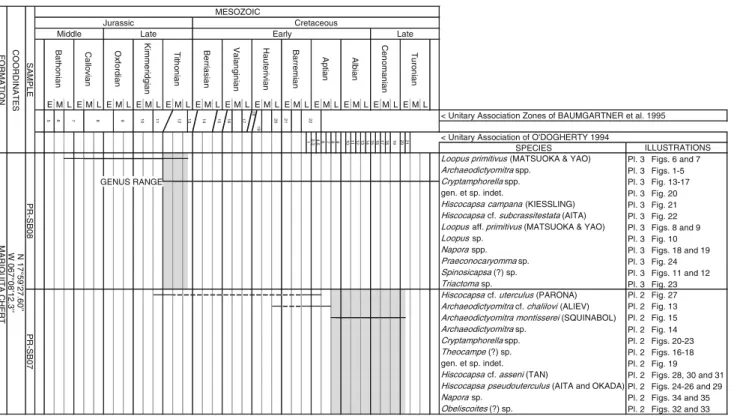 Table 3 List of Middle-Late Jurassic and Early–Late Cretaceous radiolarian species of samples PR-SB07 and PR-SB08 from the Mariquita Chert Formation of the Bermeja Complex with ranges for