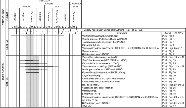 Table 6 List of Middle Jurassic radiolarian species of samples PR-SB21 and PR-SB23 from the Mariquita Chert Formation of the Bermeja Complex with ranges for the species considered important for the biostratigraphy (see Sect