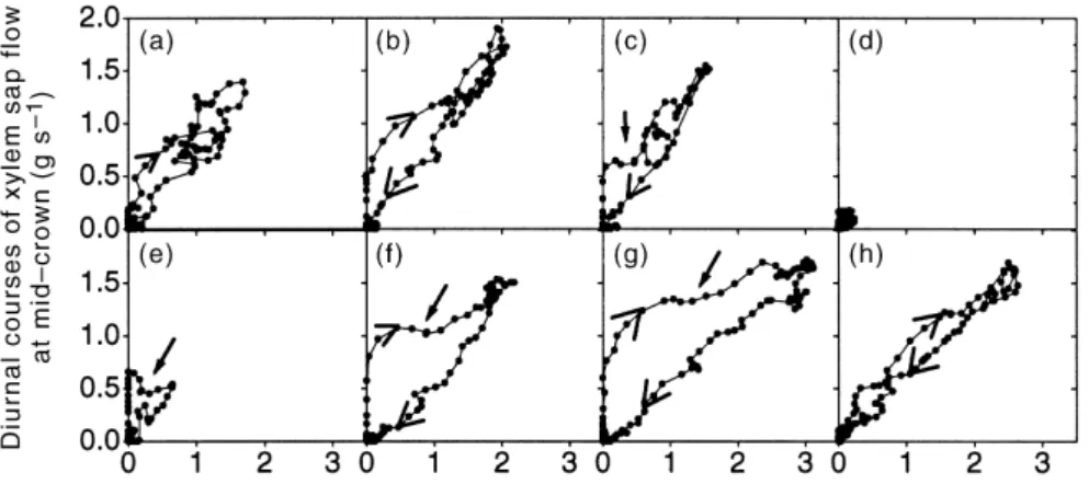 Fig. 6. Diurnal variations in sap ¯ow measured at the base ( ) and in the middle ( ) of stem N from 21 to 23 September 1992