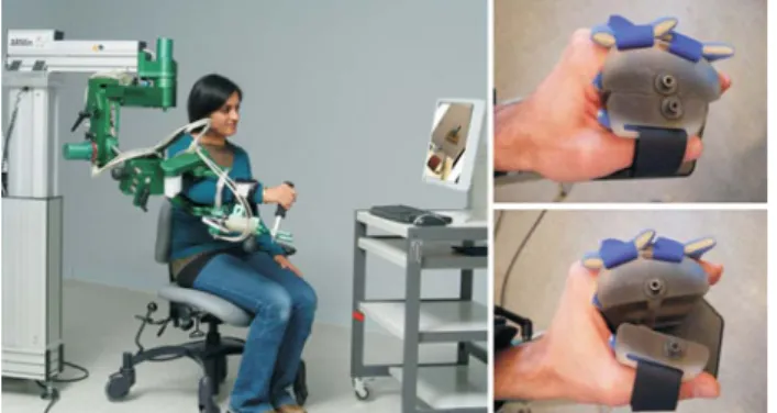 Fig. 1 ARMin III with a subject performing virtual ADL tasks (left) and the hand module (right)