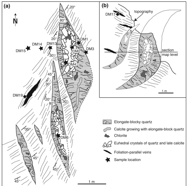 Fig. 3 Field sketches illustrating the structure, mineralogy, and filling sequence of the open-fissure veins that were mapped and sampled in the Thusis area