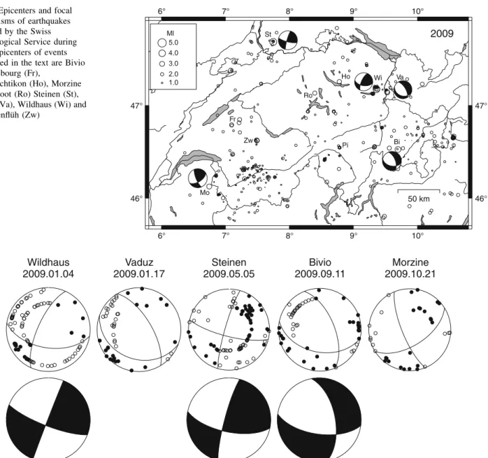 Fig. 2 Epicenters and focal mechanisms of earthquakes recorded by the Swiss Seismological Service during 2009